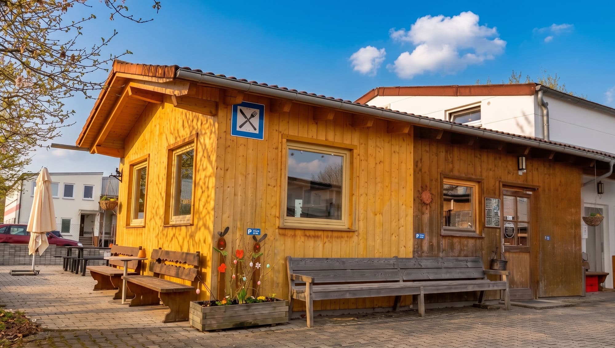 Die Holzhütte von Andis Cafe im Gewerbegebiet Trifthof bei Sonnenschein